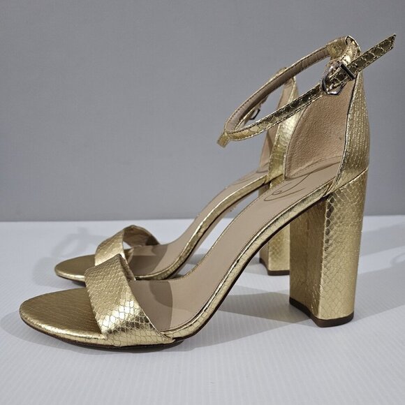 Sam Edelman Yaro Block Heel Sandal Women 11 Gold Snake Embossed Metallic Evening - Picture 16 of 16